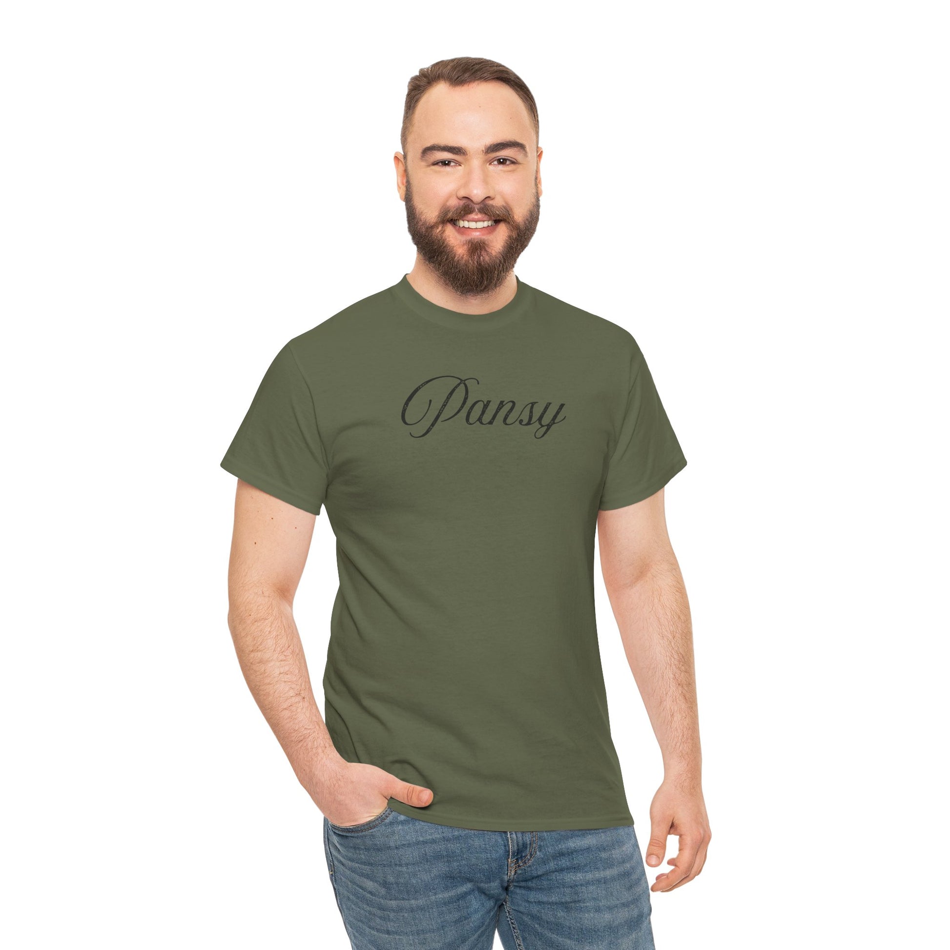 Man wearing a green t-shirt with 'Pansy' in black text
