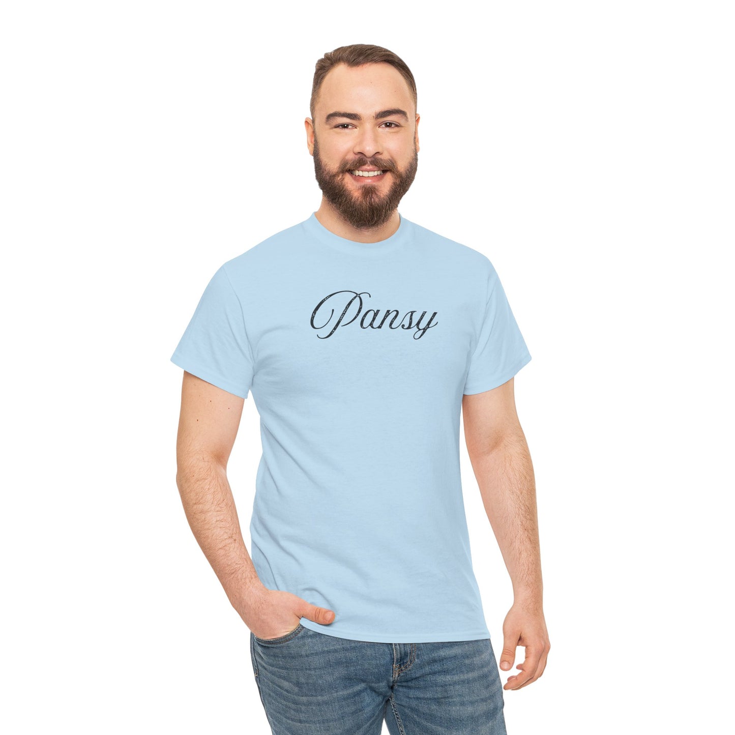 Man wearing a light blue t-shirt with 'Pansy' in black text 
