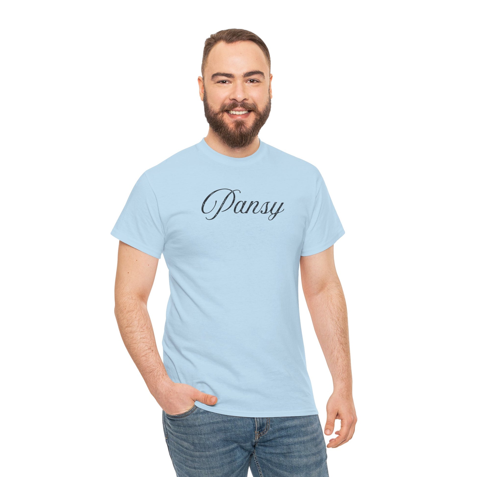Man wearing a light blue t-shirt with 'Pansy' in black text 