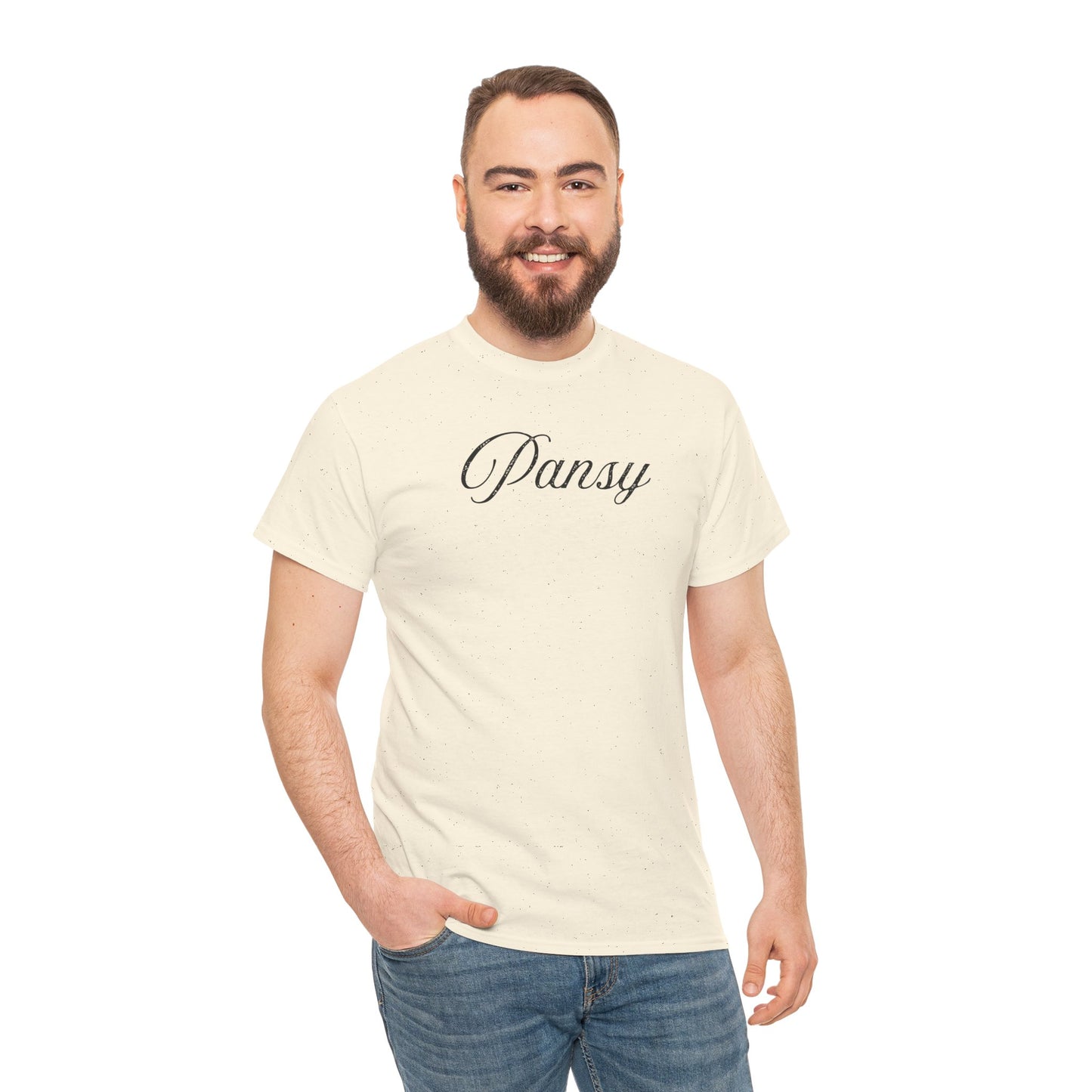 Man wearing a cream t-shirt with 'pansy' printed on it in black text