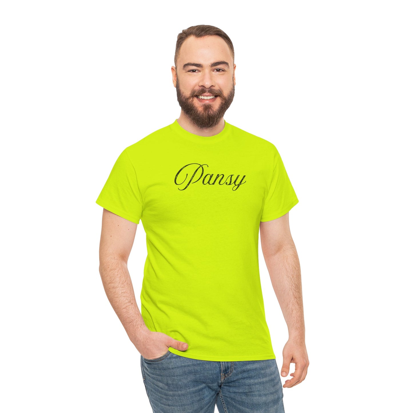Man wearing a neon yellow t-shirt with 'Pansy' in black text 