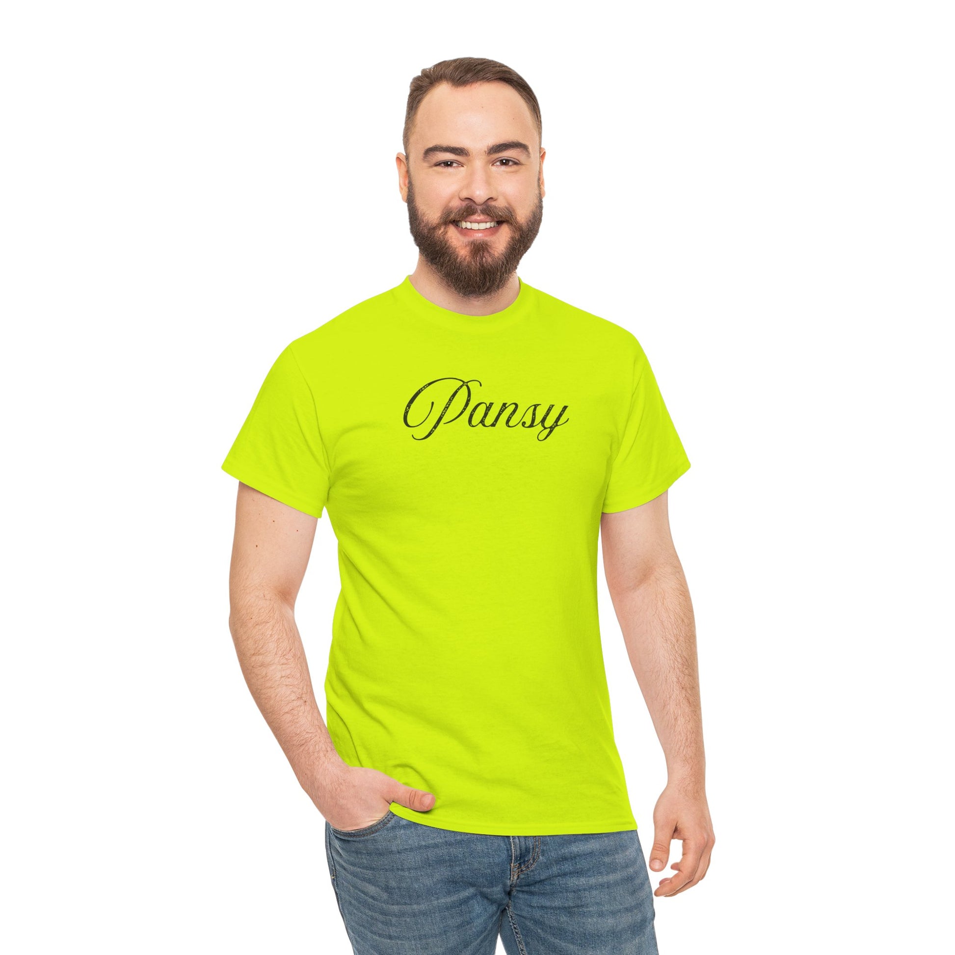 Man wearing a neon yellow t-shirt with 'Pansy' in black text 