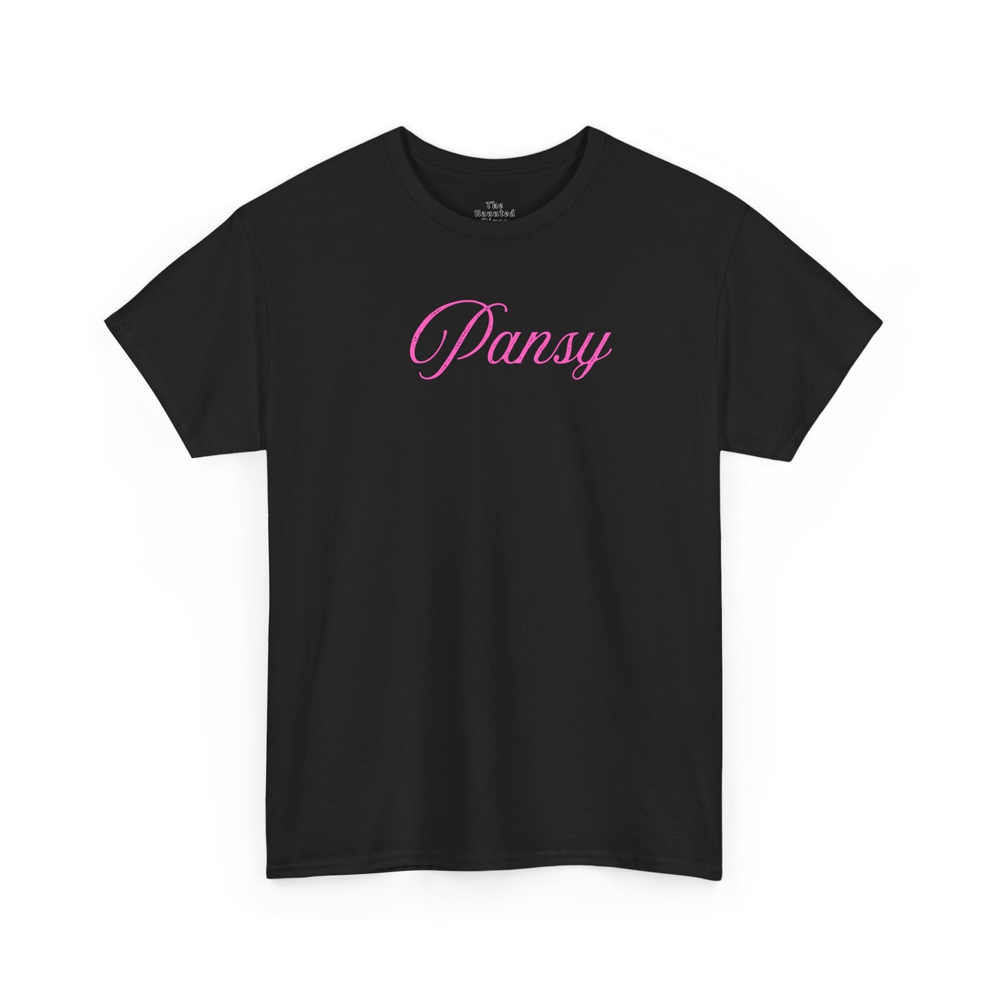 Black t-shirt with 'Pansy' in pink text