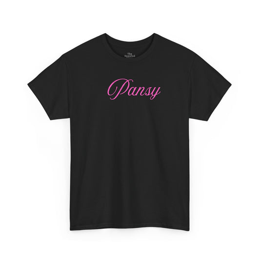 Black t-shirt with 'Pansy' in pink text