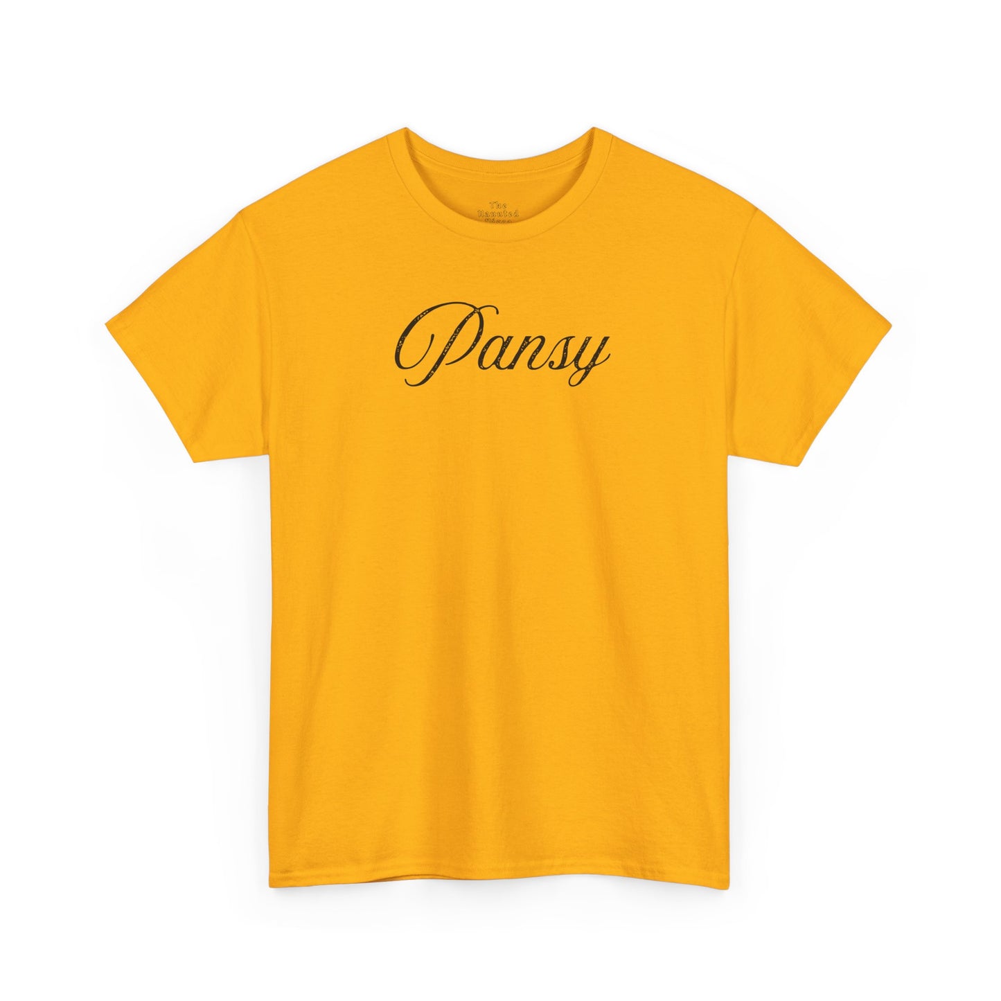 Yellow t-shirt with 'Pansy' in black text 