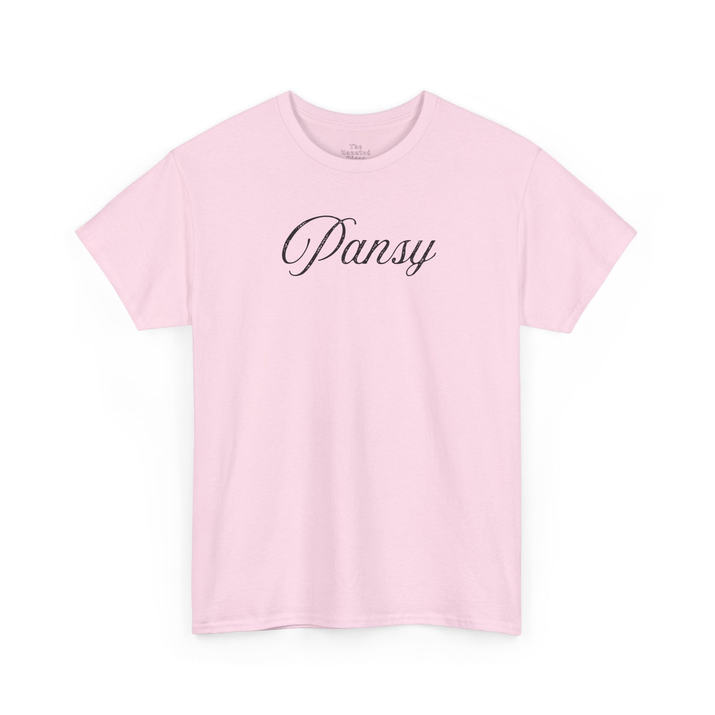 Pink t-shirt with 'Pansy' text 