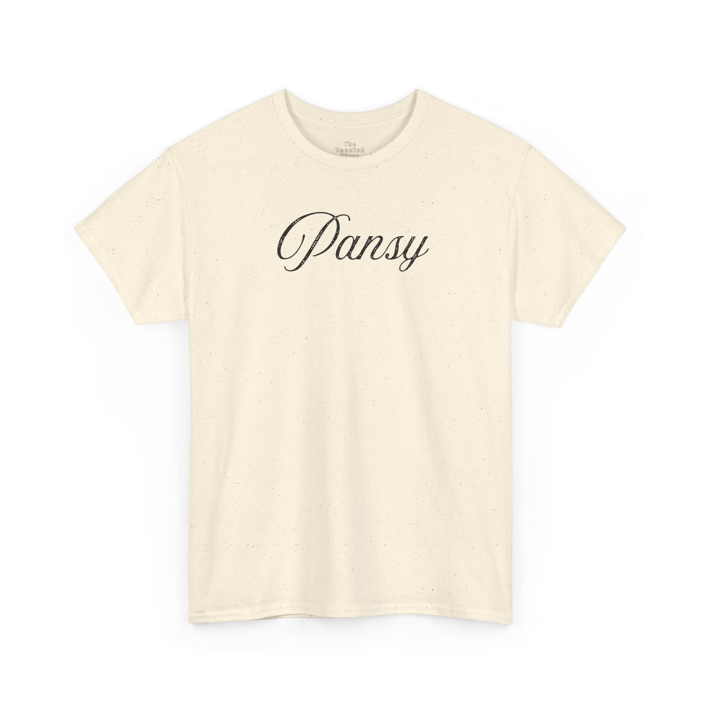 Beige t-shirt with 'Pansy' in black text