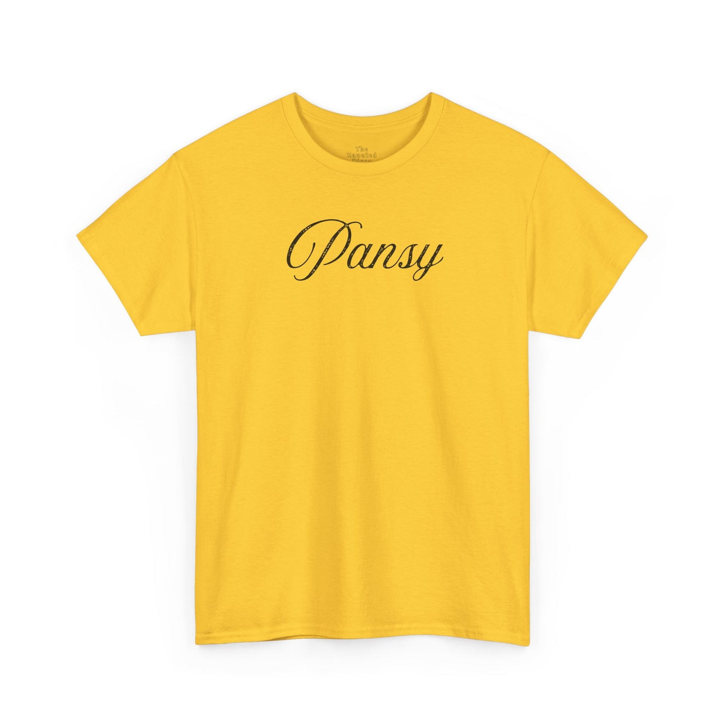 Yellow t-shirt with 'pansy' in black text