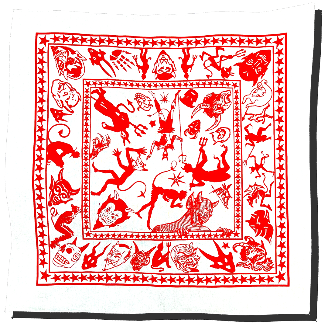 vintage-style devil and demon illustrations printed in red ink on white cotton handkerchief