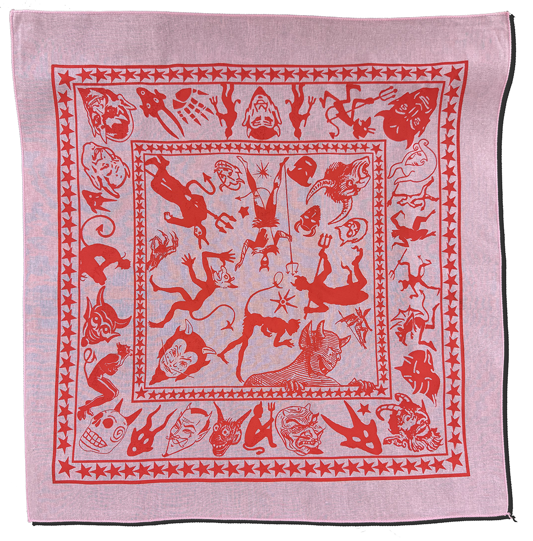 bandana with vintage-style devil and demon illustrations printed in red ink on pink fabric.
