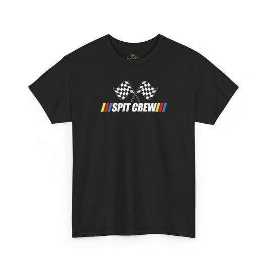 Black Spit Crew racing parody graphic Tshirt with checkered flags and retro motorsport stripes.