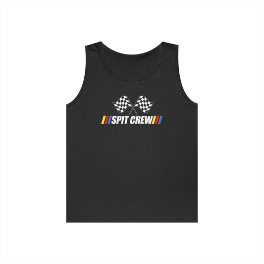 Black Spit Crew racing parody tank top with checkered flags and retro motorsport stripe graphics.
