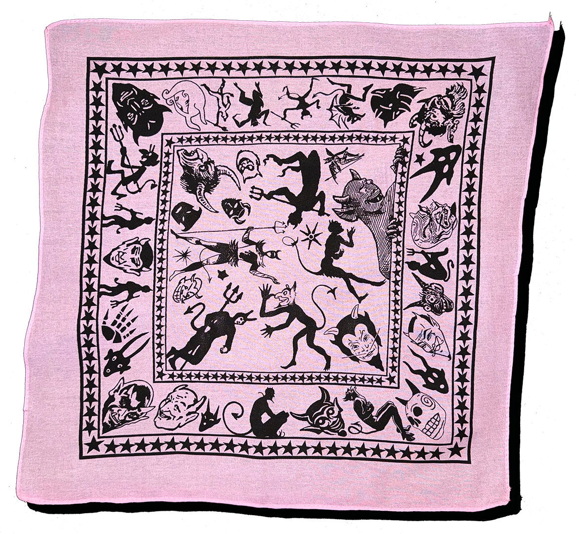 Hand-silk-screened cotton bandana featuring vintage-style devil and demon illustrations printed in black ink on light pink cotton fabric.