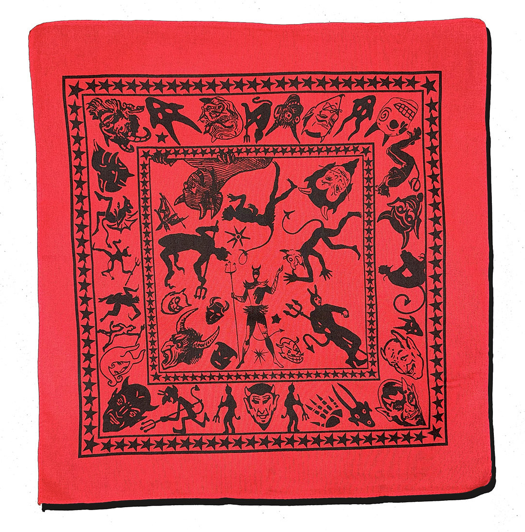 bandana with vintage-style devil and demon illustrations printed in black ink on red fabric.
