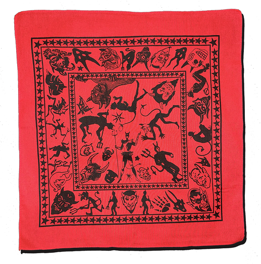 bandana with vintage-style devil and demon illustrations printed in black ink on red fabric.
