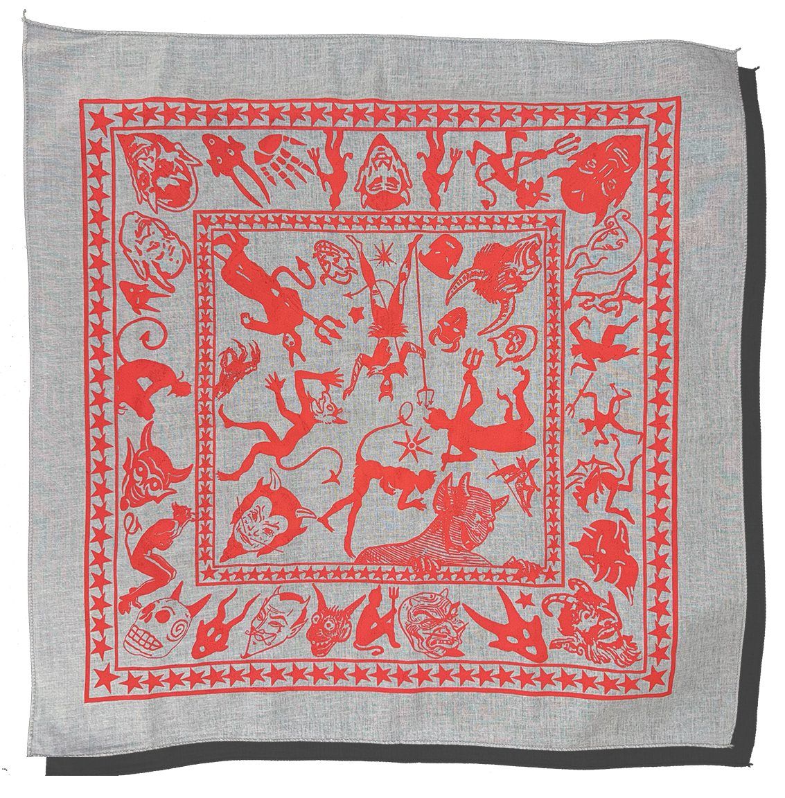 bandana with vintage-style devil and demon illustrations printed in red ink on grey fabric.
