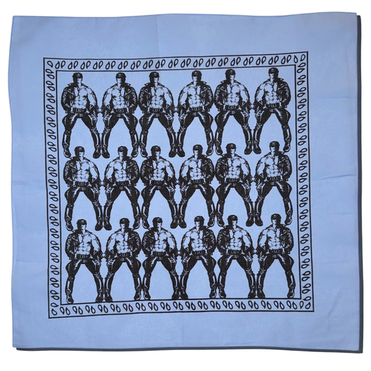 Light Blue bandana with black graphic design of a shirtless leather man in a repeating horizontal pattern.