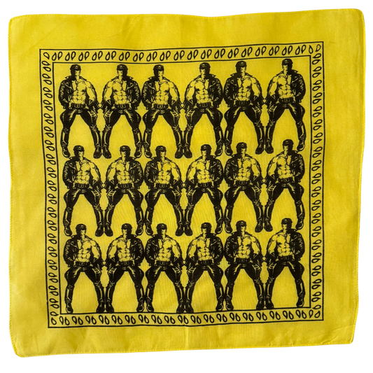Hand-silk-screened cotton bandana featuring a vintage leather physique illustration printed in black ink on yellow fabric.